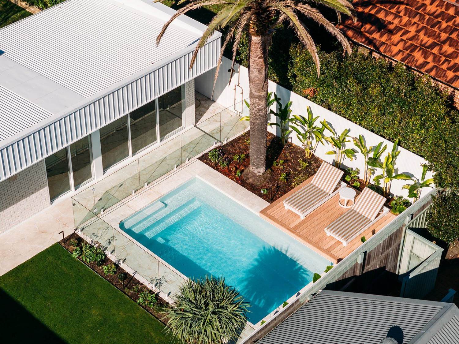 Aerial view of a concrete swimming pool built by Newy Pool Co in Newcastle