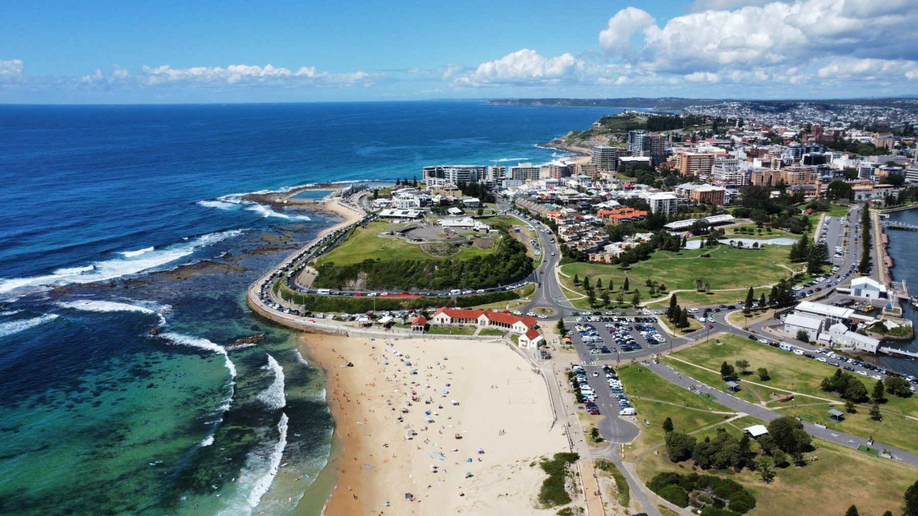 Aerial view of Newcastle coastline and beaches where Newy Pool Co builds concrete swimming pools