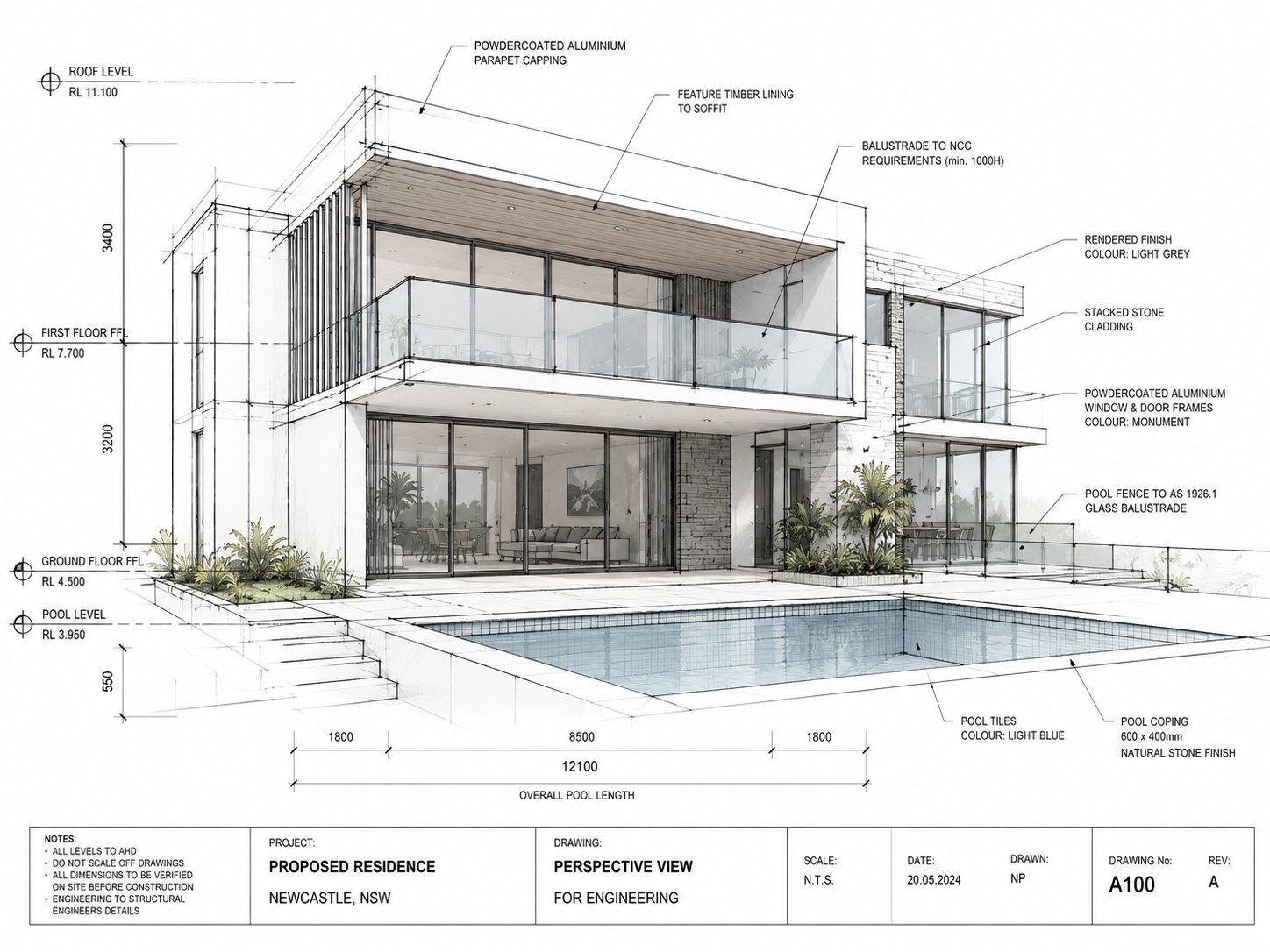 Pool design engineering and DA approval drawing for a Newcastle swimming pool project