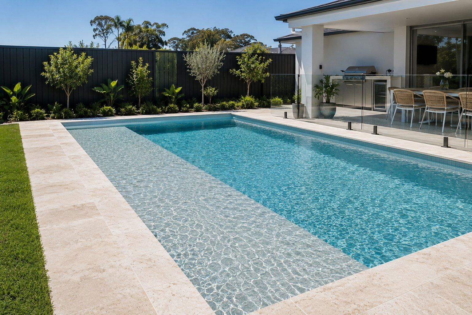 Pool tanning ledge with travertine coping in Lake Macquarie